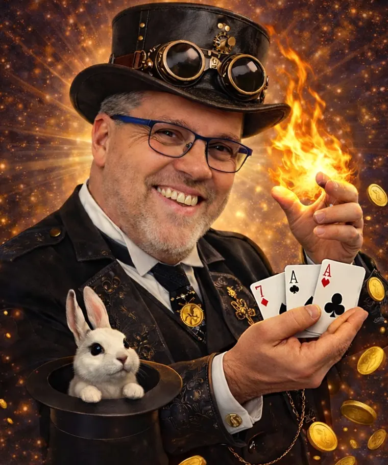 Rigadin en magicien steampunk, une flamme dans une main et des cartes dans l’autre (illustration de son affiche)